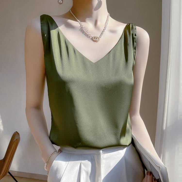 Acetic Acid Satin V Neck Suspender Vest Women Summer Fashionable Versatile Imitation Silk Sleeveless Inner Top New
