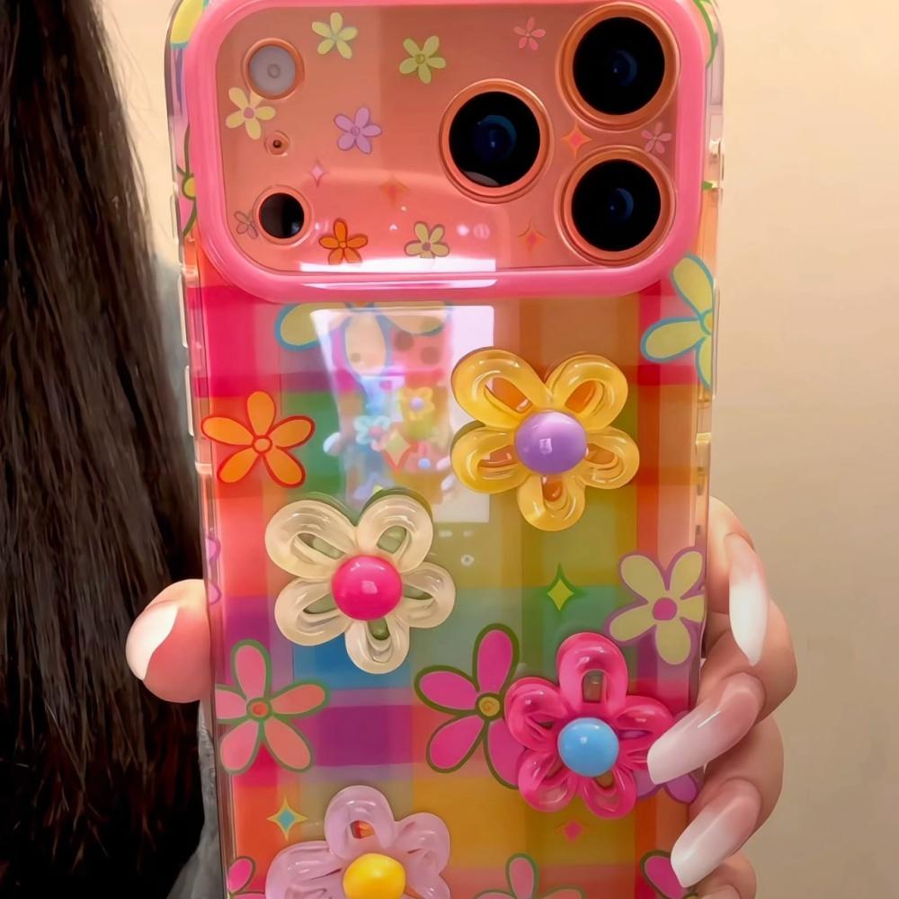 Корейский стиль Ins Дофаминовый Цветной Клетчатый 3D Цветок Чехол для iPhone 17 Pro Max для Apple 15 Pro 14 13 16 Женский Уникальный Полное Покрытие