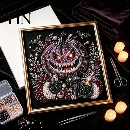 Gothic Style Wall Decor Faux Pearl Art Kit, 3D Dark Evil Pumpkin Painting Creative Holiday Presents for Craft Lovers Spooky Castle Halloween