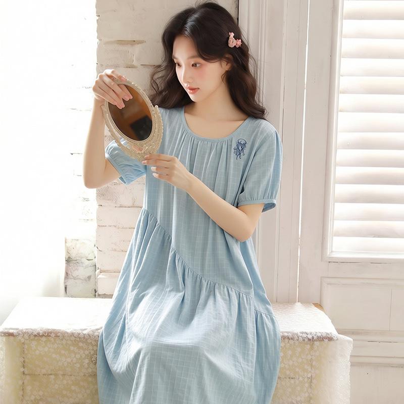 Summer pure cotton pajamas women's round neck short sleeves sweet wind embroidery can be worn outside loose version medium and long nightgown 19