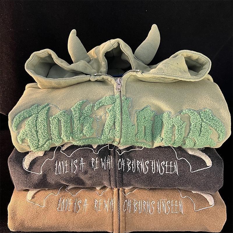 Harajuku толстовки на молнии женские милые с рогом и вышивкой букв толстовка большого размера Повседневная уличная куртка с длинными рукавами для пар Y2K топы