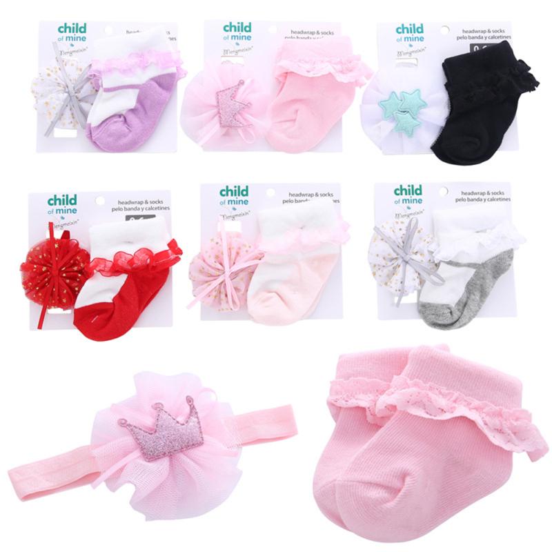 Cotton Toddler Newborn Socks Headband Sets Baby Girls Lace Flowers Headband Baby Shower Gifts