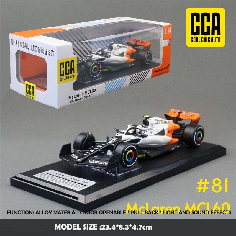 Симуляция CCA 1:24 Модель гоночного автомобиля McLaren F1 MCL60 Станция Монако 2023 Коллекция Литая Миниатюра Voiture Мужчина Мальчик Подарок
