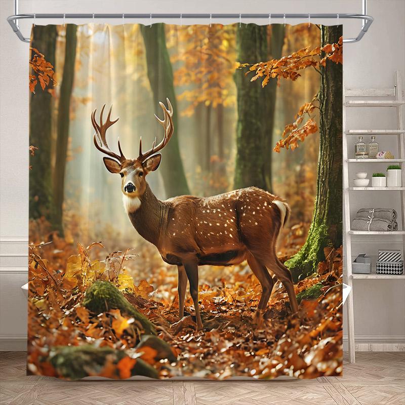 Autumn Forest Elk Shower Curtain Rustic Red Maple Trees Waterfall Wild Animals Fall Landscape Bath Curtains Home Bathroom Decor