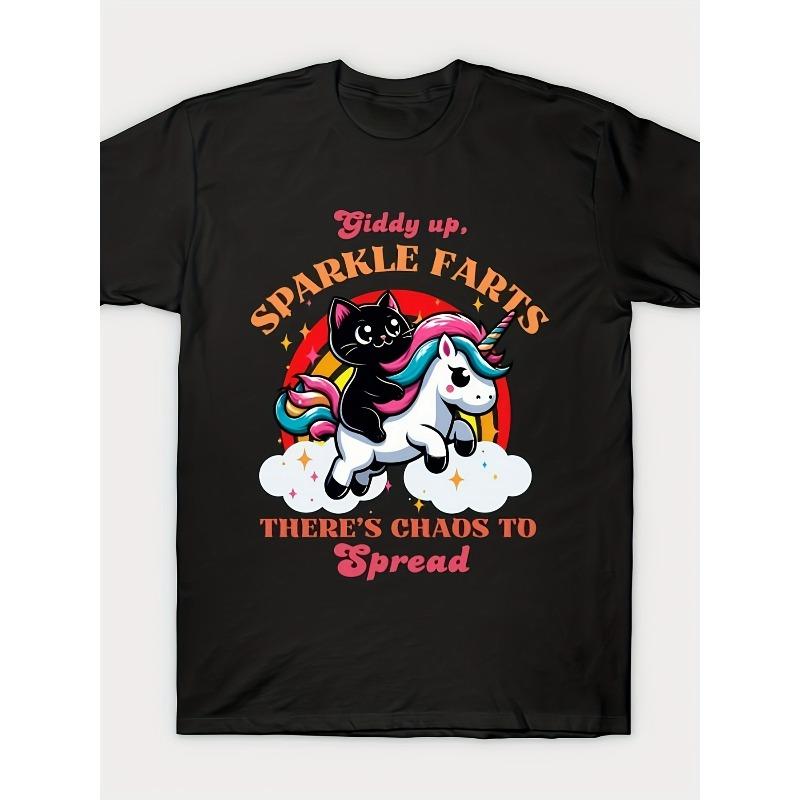 Европейские размеры Giddy Up, Sparkle Farts Есть Хаос, Который Нужно Распространять Футболка - Юмористическая Черная Кошка, Едущая на Волшебном Единороге Графическая Футболка