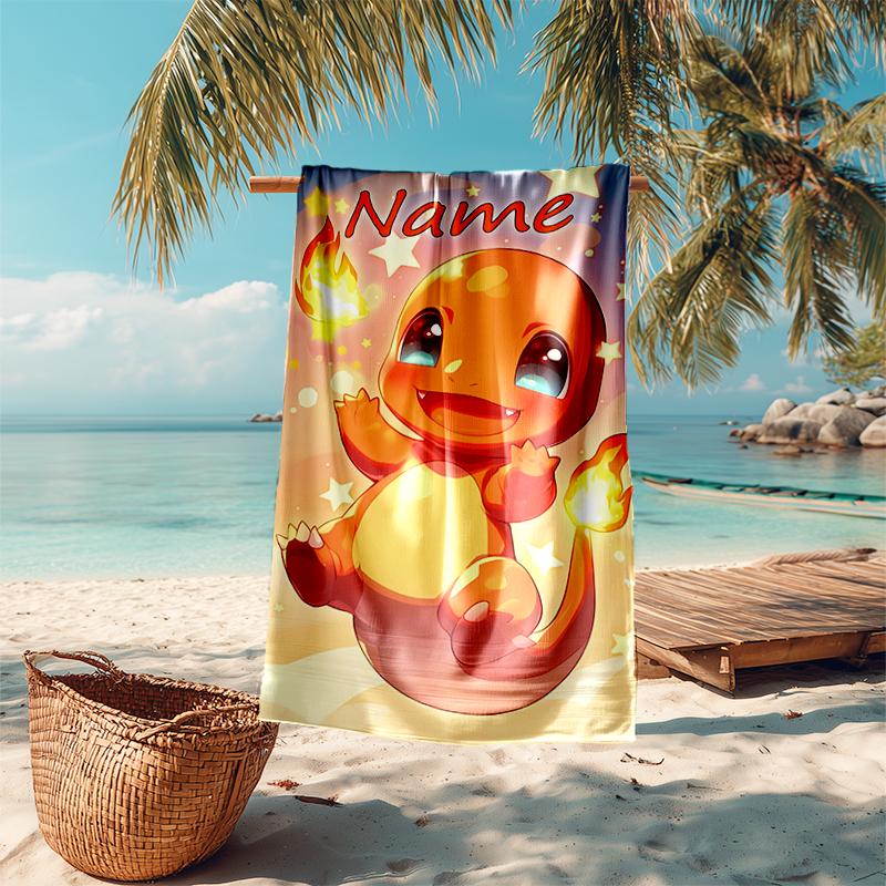 Personalized customized proof beach towel with Pokémon Charmander pattern - soft, absorbent,quick-drying,perfect swimming,camping&bathing