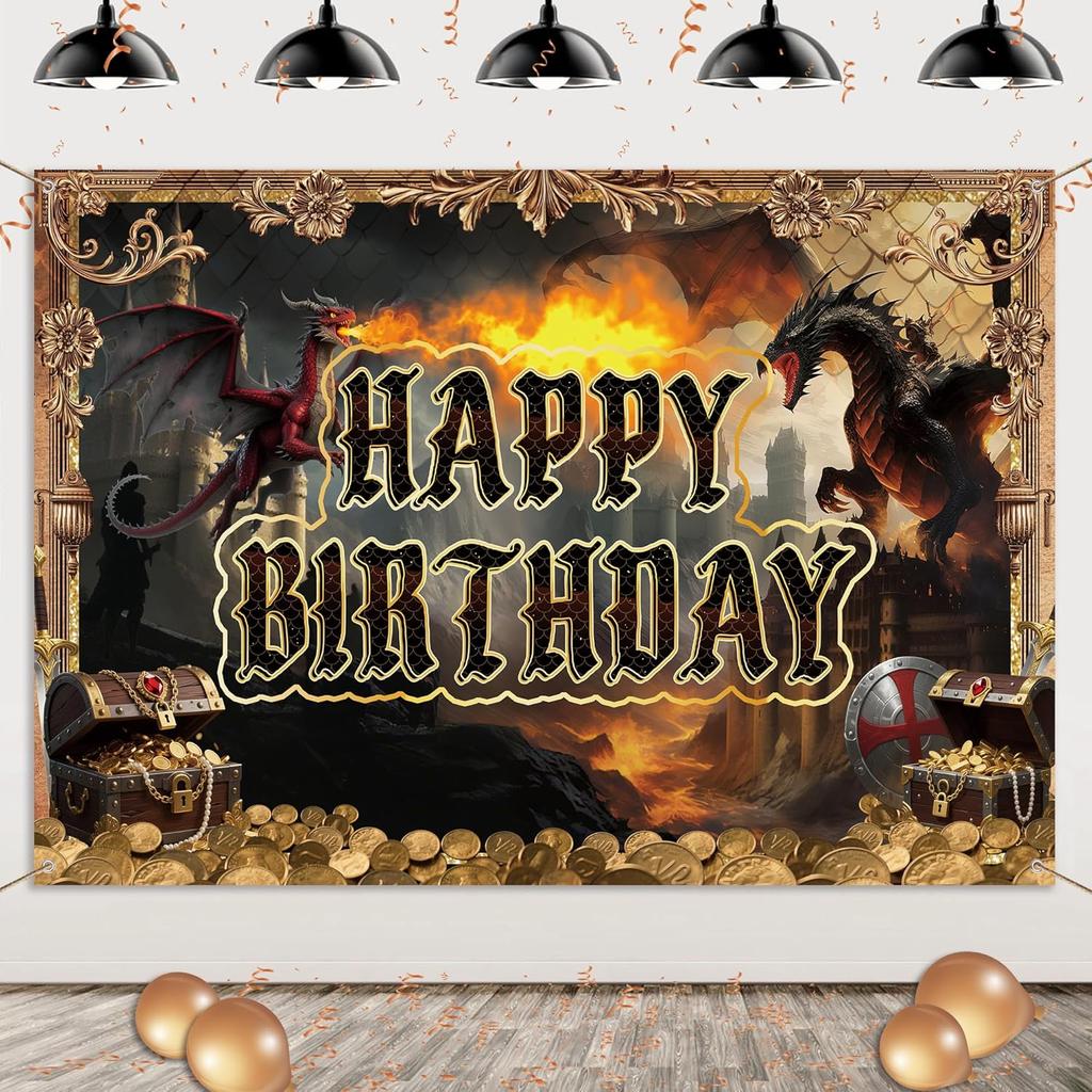 Dragon Birthday Party Decorations Banner - Happy Birthday Medieval Dragon Theme Decoration Backdrop, Dragons Castle Flame Party Supplies Photo
