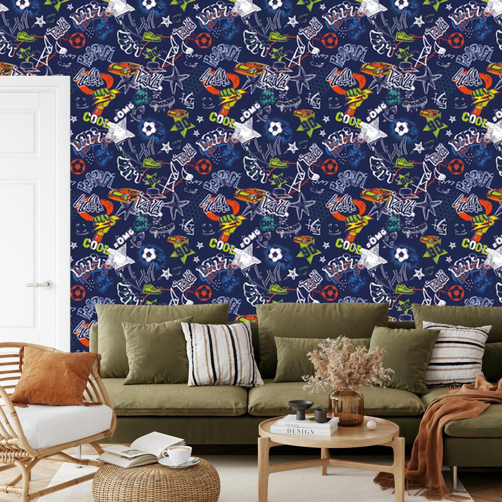 Graffiti wallpaper cars and football for living room and bedroom 50x1000