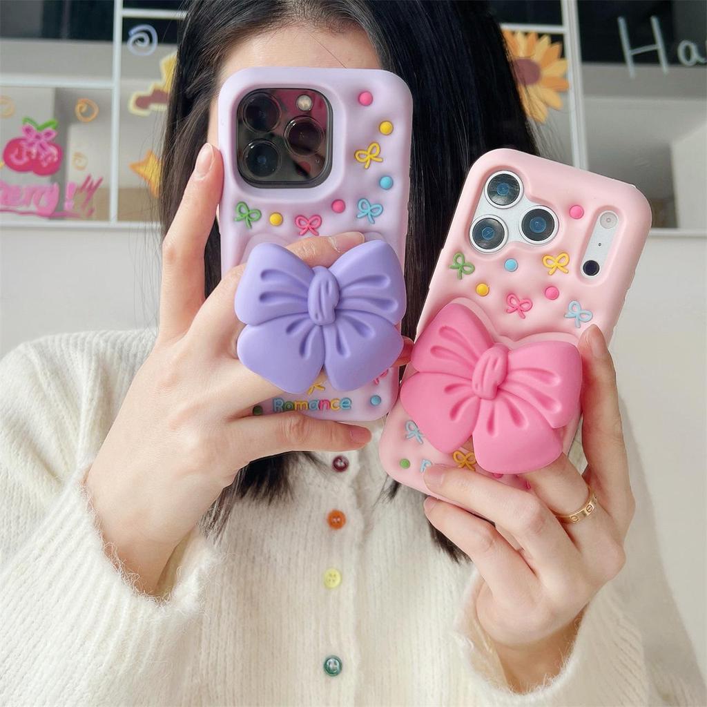 3D Чехол-Большой Бант Розовый/Фиолетовый для iPhone 13-15, 17 Pro