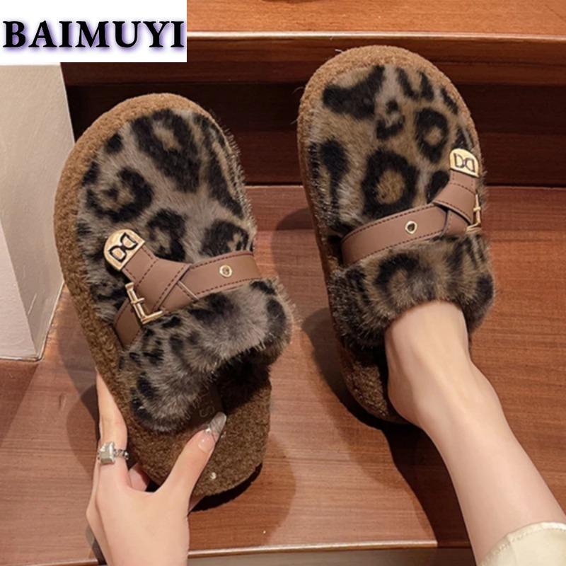 Леопардовый женский балетки на платформе меховые тапочки домашняя хлопковая обувь зимняя повседневная обувь мюли 2025 тренд новые шлепанцы Zapatillas Mujer
