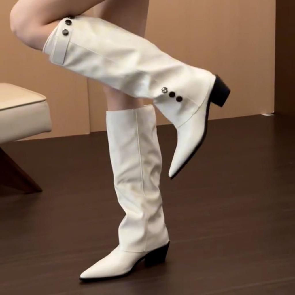 2025 French temperament pointed boots women's thick heels but knee Spice girls pant boots retro knight boots.