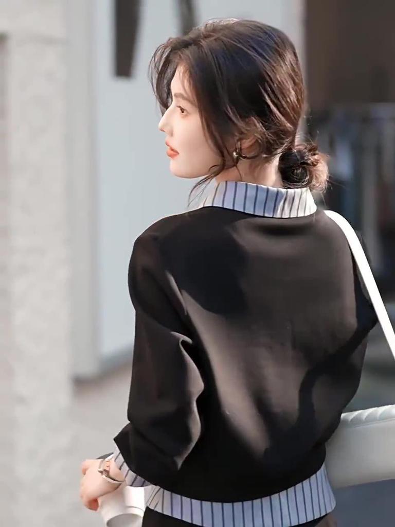 Internet Celebrity Patchwork Shirt Collar Sweatshirt & Midi Skirt Set for Women - Autumn Casual Two-Piece Ensemble