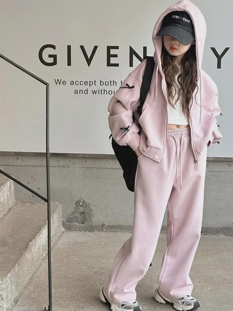 Girls' Korean-Style Bow Sportswear Set: Hooded Jacket & Trousers for Children - Perfect for Spring & Autumn