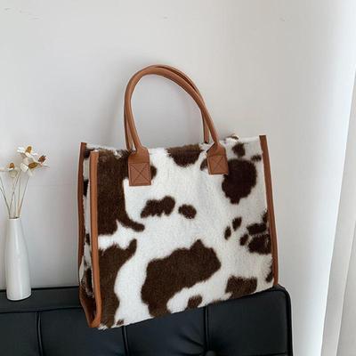 Женская зимняя теплая мягкая плюшевая сумка на плечо, модная сумка-тоут с леопардовым принтом коровы из искусственного меха, большая вместительная сумка