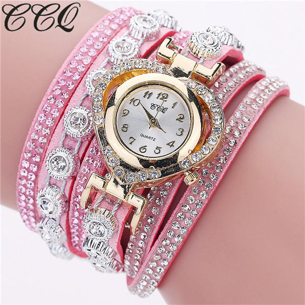 Leather Women Fashion Casual Decor Round Rhinestone Bracelet Watch