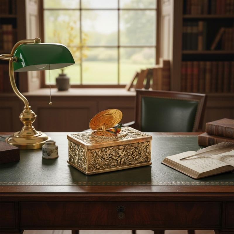 Antique Alloy Singing Bird Ornament With Angel Embossed Pattern Mechanical Musical Box For Desk Shelf Display Gift