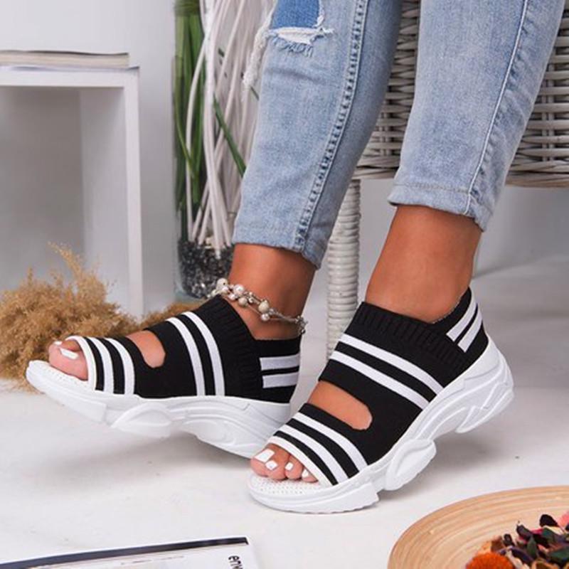 Fashion Women Sandals 2024 High Heels Platform Women Shoes Summer Female Flats Knitting Slip On Peep Toe Casual Women Sandals