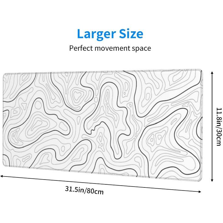Abstract Topographic Map White Grey Black Gaming Mouse Pad Long Mouse Pad Large Desk Mat 31.5 X 11.8 Inch Mousepad with Non-Slip Base Stitched Edge