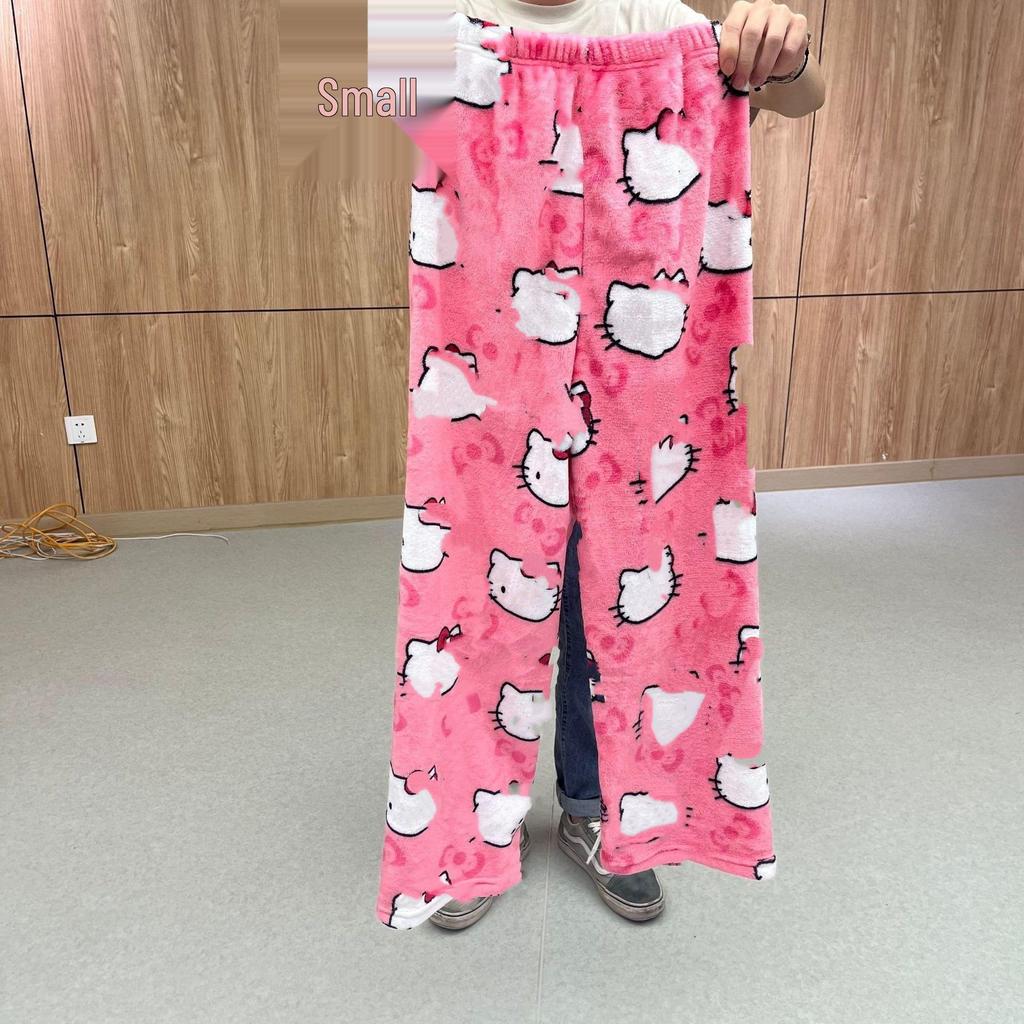 Женская мультяшная кошка Рождественская флисовая пижама - Повседневные фланелевые домашние брюки для осени/зимы.