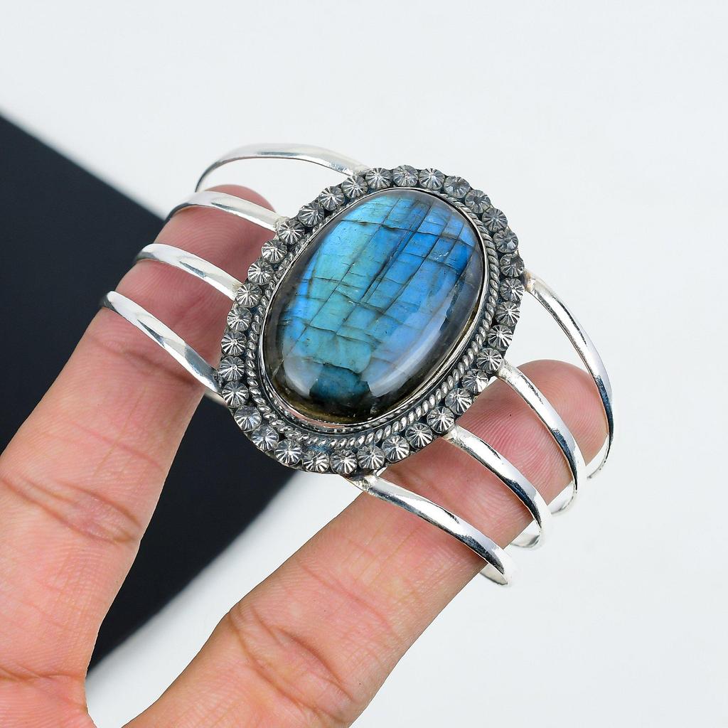 Натуральный голубой лабрадорит драгоценный камень ручной работы из стерлингового серебра 925 пробы, голубой лабрадорит браслет, для жены, унисекс браслет, подарки