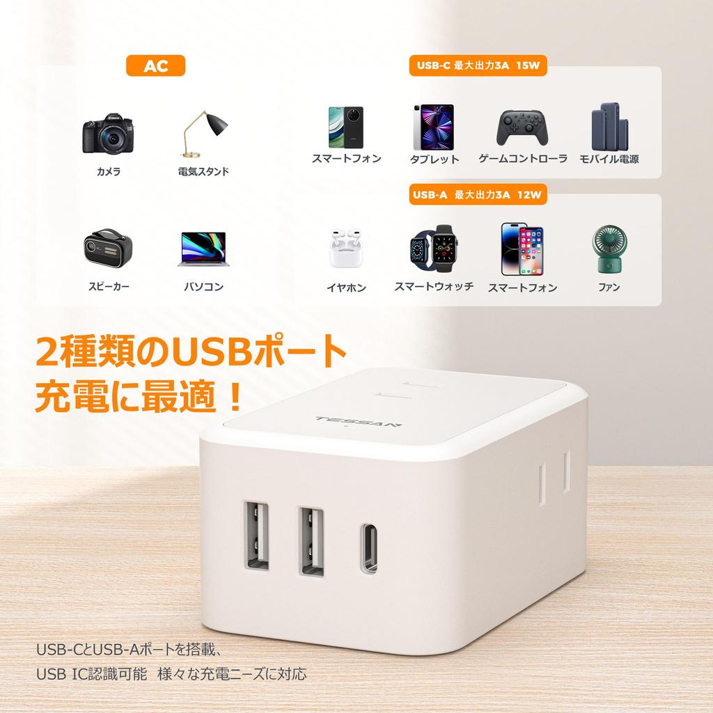 TESSAN 2m Slim Power and Outlet 3 1 and 2 Power Fits In Tethered Wires and Gap Areas Strip, USB, Strip, AC, Type-C, Type-A Cords,