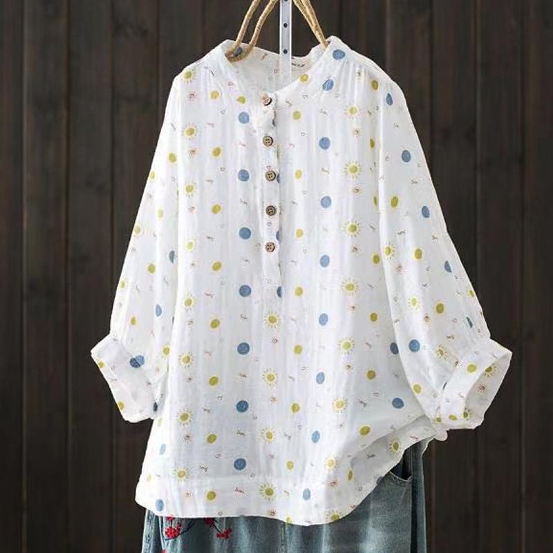Двухслойная рубашка из хлопковой пряжи с цветочным воротником-стойкой, женская блузка из хлопковой пряжи с рукавом 3/4, большие японские корейские рубашки