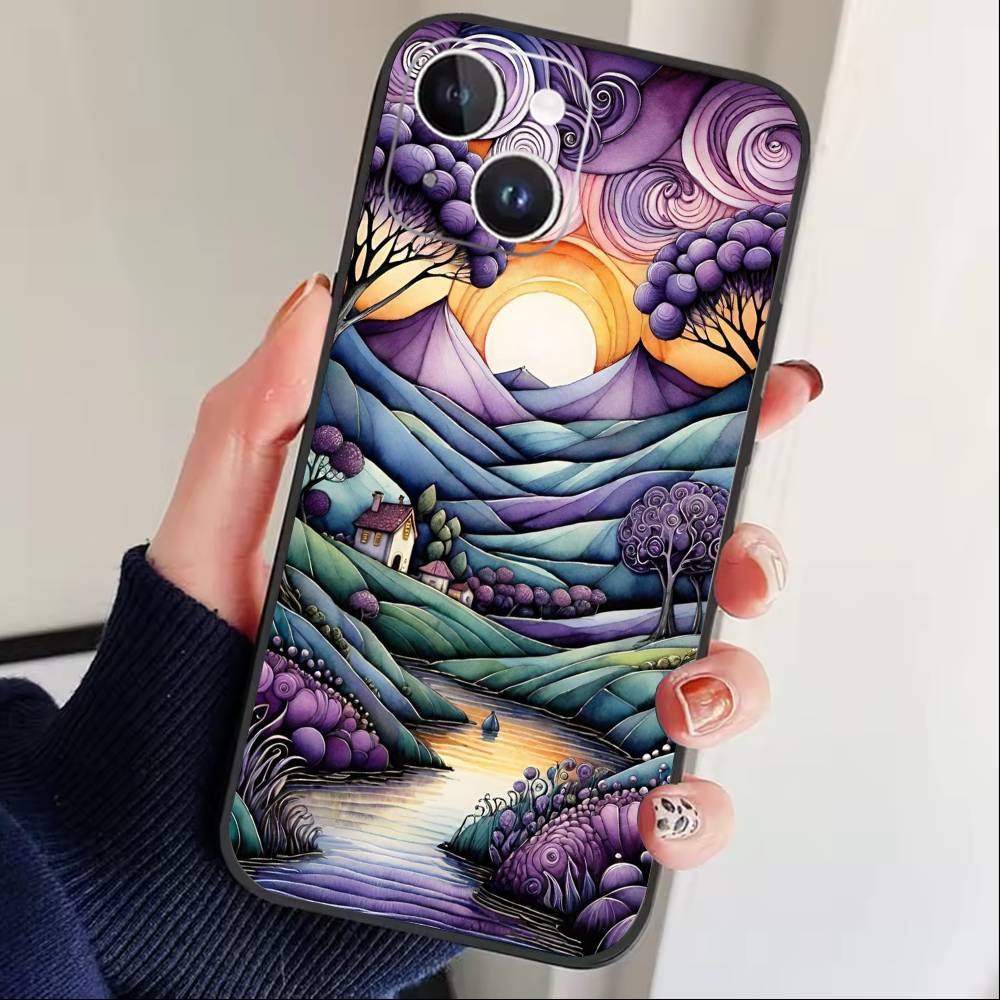 Причудливый пейзаж Звездная ночь Чехол для телефона Для iPhone 17, 16, 15, 14, 13, 12 Plus, Max Мягкий силиконовый Черный чехол