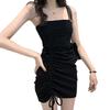 Women's Sexy Slash Neck Spaghetti Strap Ruched Drawstring Bodycon Solid Mini Dress