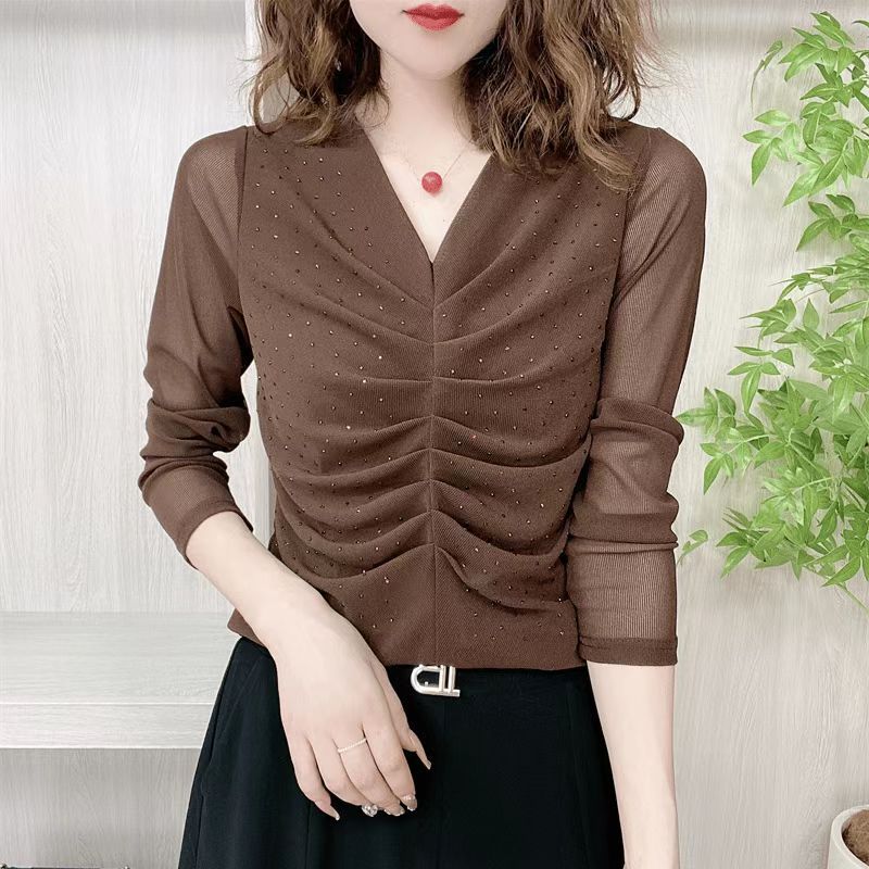 Spring and Autumn New V-neck Pleated Mesh Long-sleeved T-shirt Women's Tops Foreign Feminine Stretch Base Shirt