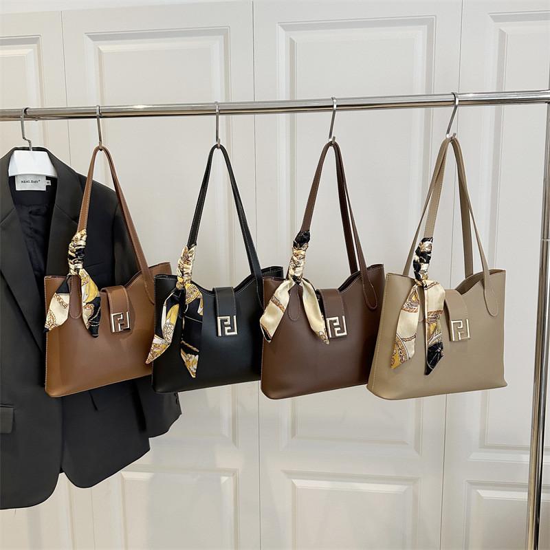 Simple Capacity Large Shoulder Bag With Solid Color Design And Decoration Scarf
