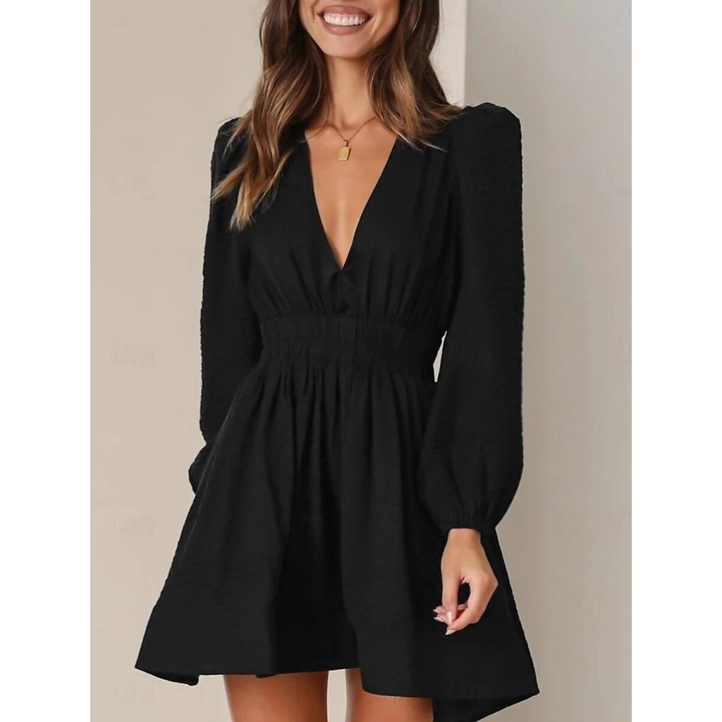 New Fashion Ruffled Hem Long Sleeve V-neck Waist Cinched Casual Dress