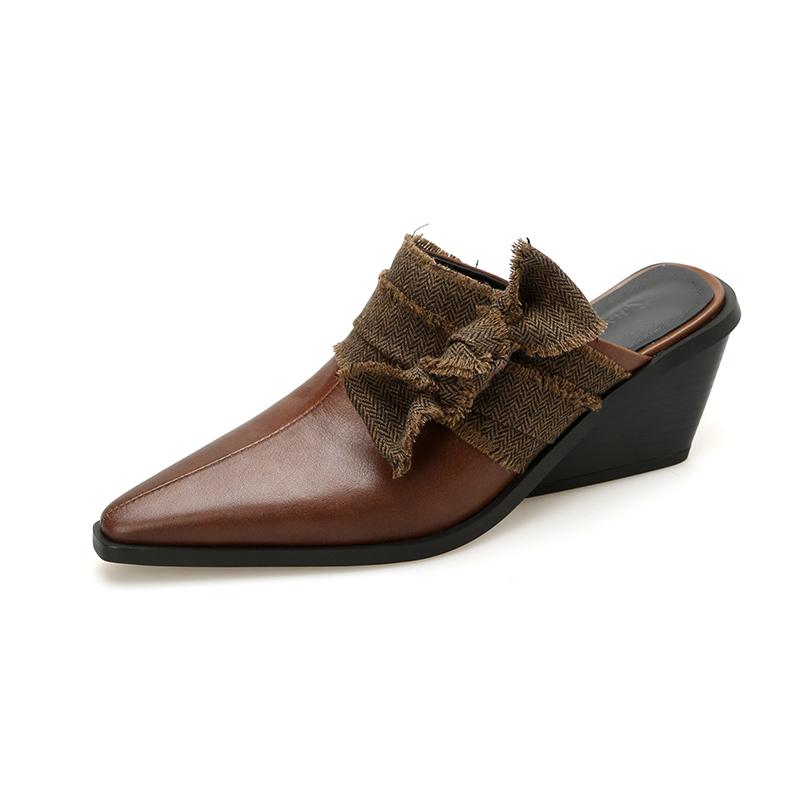 2024 Новые тапочки женские из натуральной кожи Мюли Модные летние туфли на высоком каблуке на танкетке Тапочки женские повседневные офисные туфли женские дамы