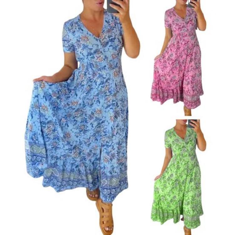 Casual Dresses - Floral Print V Neck Maxi Dress Women High Waist A-line Ruffle Hem Swing Pleated Beach Dress Ankle Length Dating