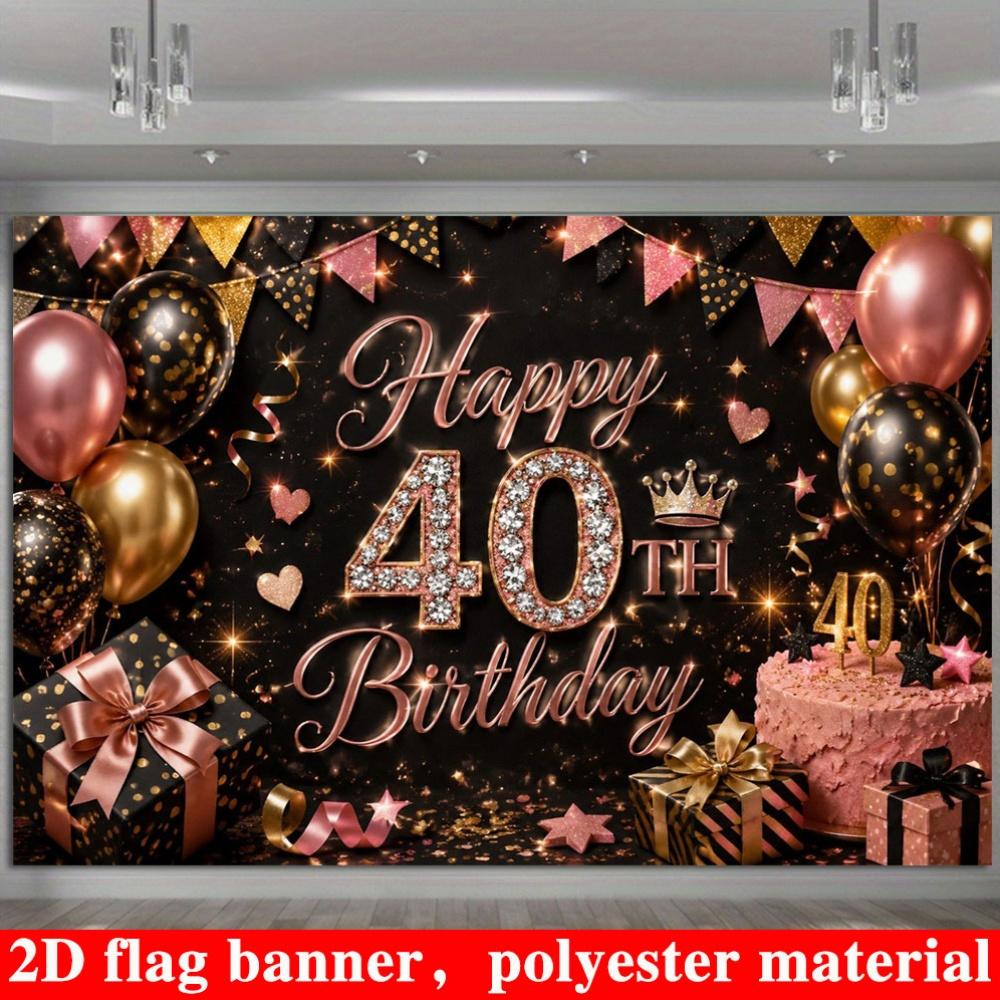 2D Flat Banner, 40th Birthday Backdrop, Balloons, Gift Boxes, Cakes, Polyester