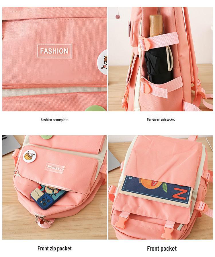 High-End Canvas Backpack for Junior High School Girls - Four-Piece Set