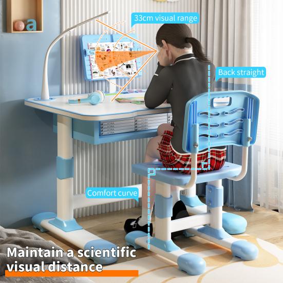 Study Desk Kids Chair Set, Height Adjustable Toddlers Writing Table with Tiltable Reading Stand Learning LED Light, Living Room Bedroom Children Extra