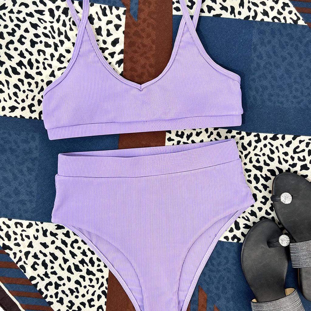 Women Swimsuits Push Up Bikini Ribbed High Waist Bikinis Set Solid Swimming Suits Female Swimwear Bathing Suit Beachwear