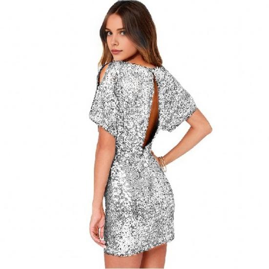 Women Mini Dress Round Neck Hollow Short Sleeve Backless Short Dress Glitter Sequins Hip Wrapped Party Dress