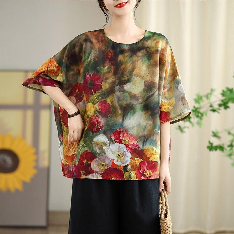 Короткий рукав, свободная винтажная футболка с цветочным принтом, повседневная, свободная, женская летняя футболка