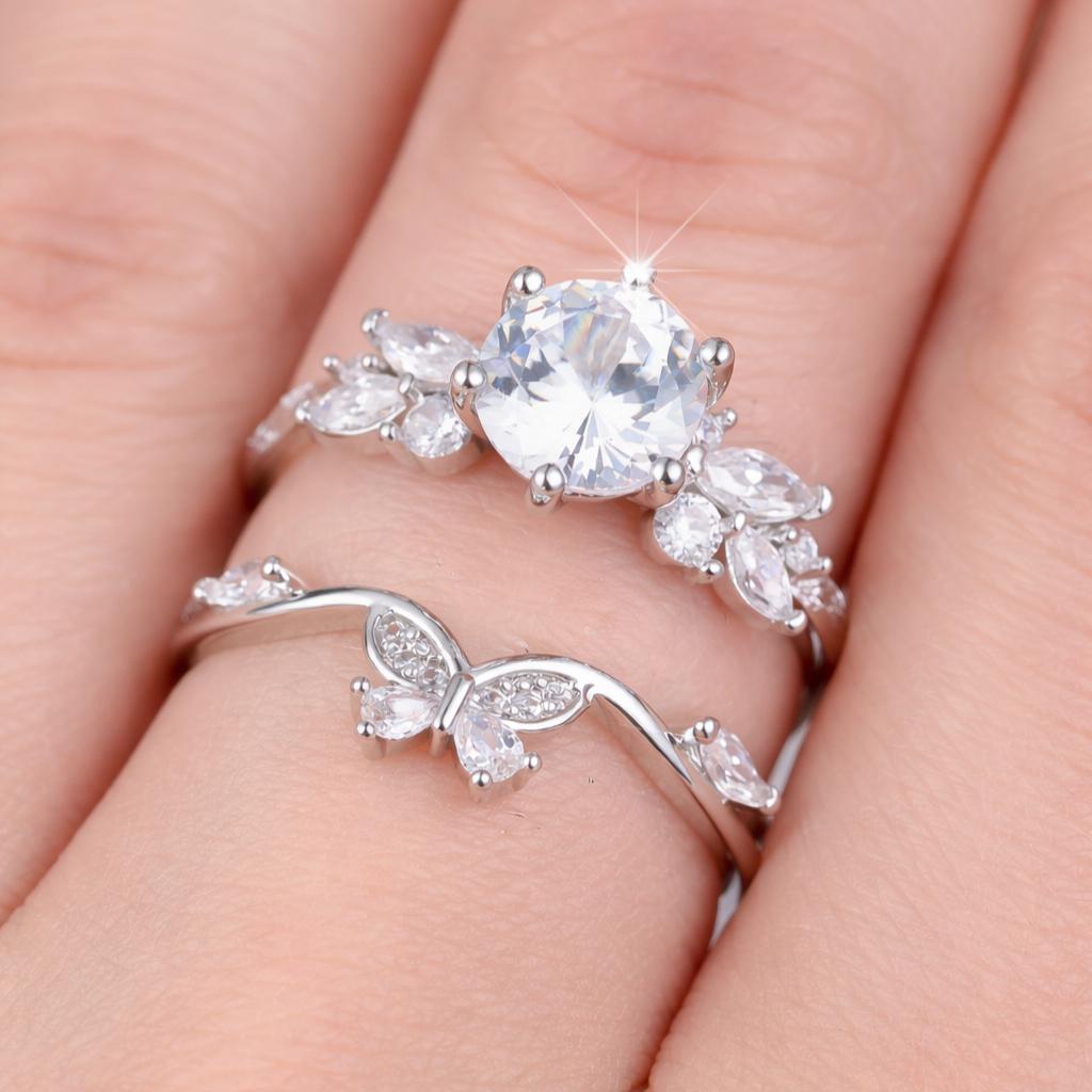 Elegant silver-white inlaid synthetic zirconia ring set Round-cut butterfly design makes a great gift