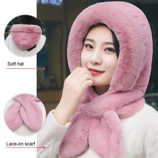 Женская зимняя шапка со встроенным шарфом, толстая теплая, из искусственного меха кролика, однотонная, полная защита, для езды на велосипеде, путешествий, холодной погоды