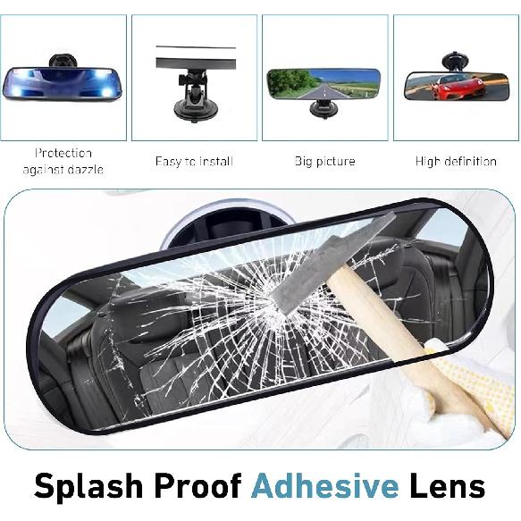 Rear View Mirror, 8.66" x 2.56" HD Clear Car Interior Suction Cup Mirror, 360 Degrees Rotatable Adjustable Rearview Mirror, Universal for Most Cars,