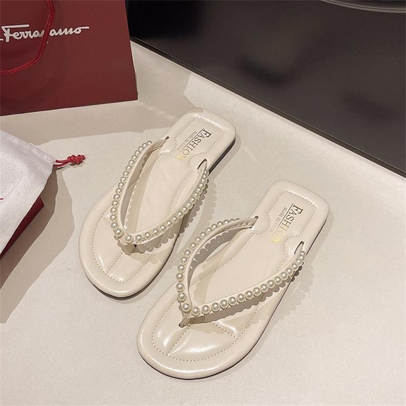 Женские летние 2025 шлепанцы с жемчугом и стразами, нескользящие: Элегантные уличные пляжные шлепанцы