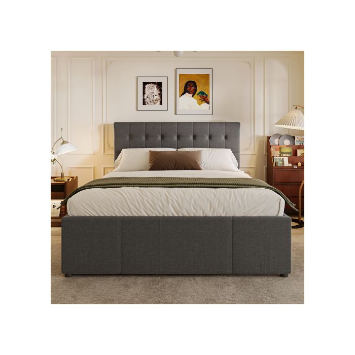 Lit rembourré - MUVOE - 140x200cm - Tête de lit réglable - 3 tiroirs - Gris