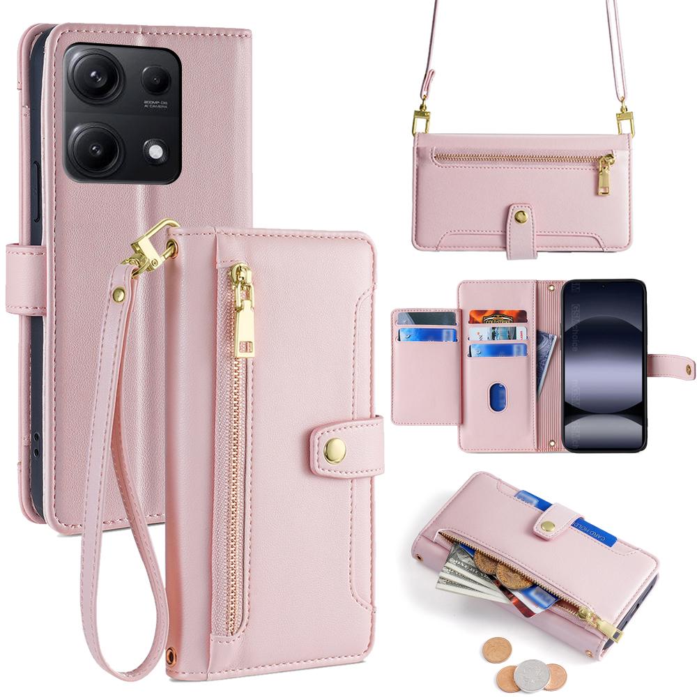 For Xiaomi Redmi Note 14S 4G Leather Case Zipper Pocket Wallet Phone Cover with 2 Straps