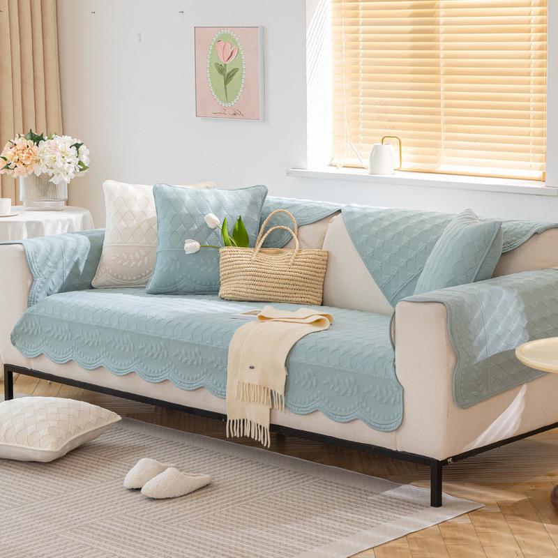 Europe Washed Cotton Sofa Cushion Four Seasons Universal Couch Cover Jacquard Non-slip Willow Leaf Pattern Sofa Towel Wave Edge