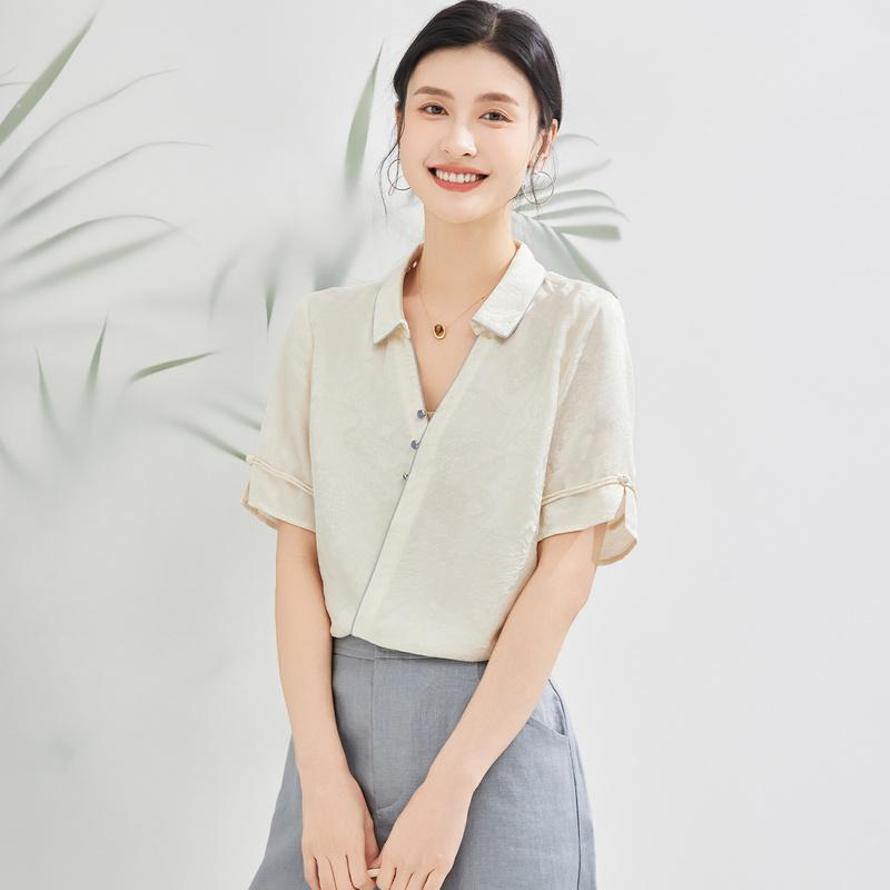 24 MM Jacquard New Chinese style Top, Spring/Summer Versatile Short Sleeve, Mulberry Silk, Chinese Style Elegant Women's T-shirt