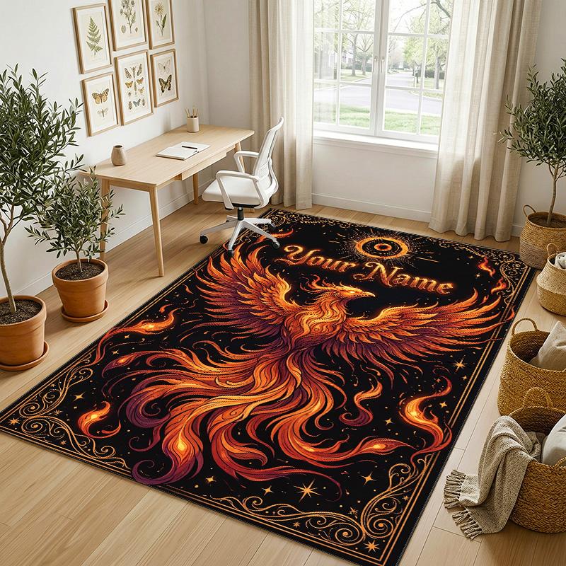 Dragon Phoenix Theme Crystal Velvet Rug Personalized Custom Name Text Soft Floor Mat Home Decor