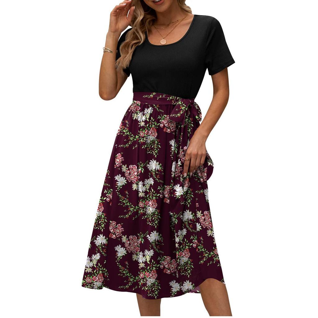 Платья миди, женское лоскутное платье с цветочным принтом, удобное повседневное вечернее платье с коротким рукавом и круглым вырезом