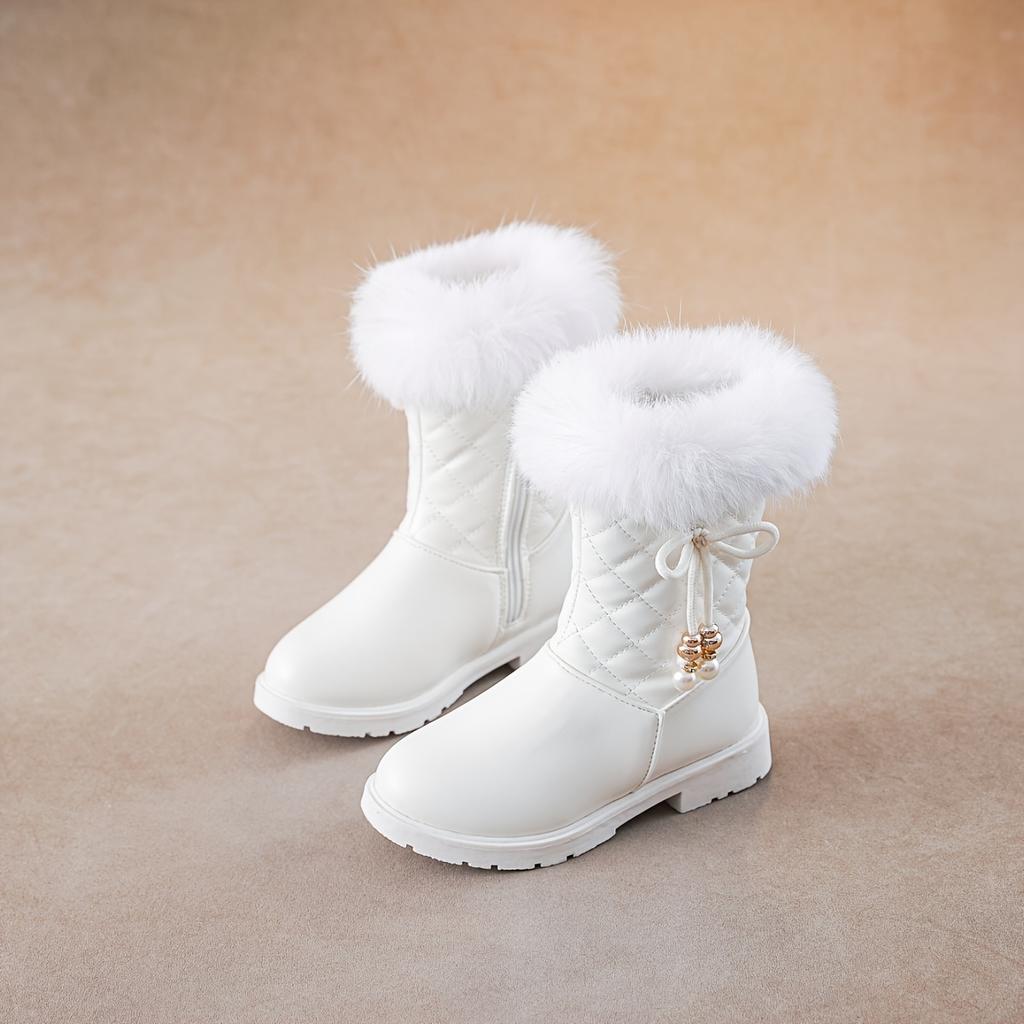 Girls' Winter Boots 2024, Warm Cute Pearl Bowknot, Quilted Pattern, Cartoon Solid Color